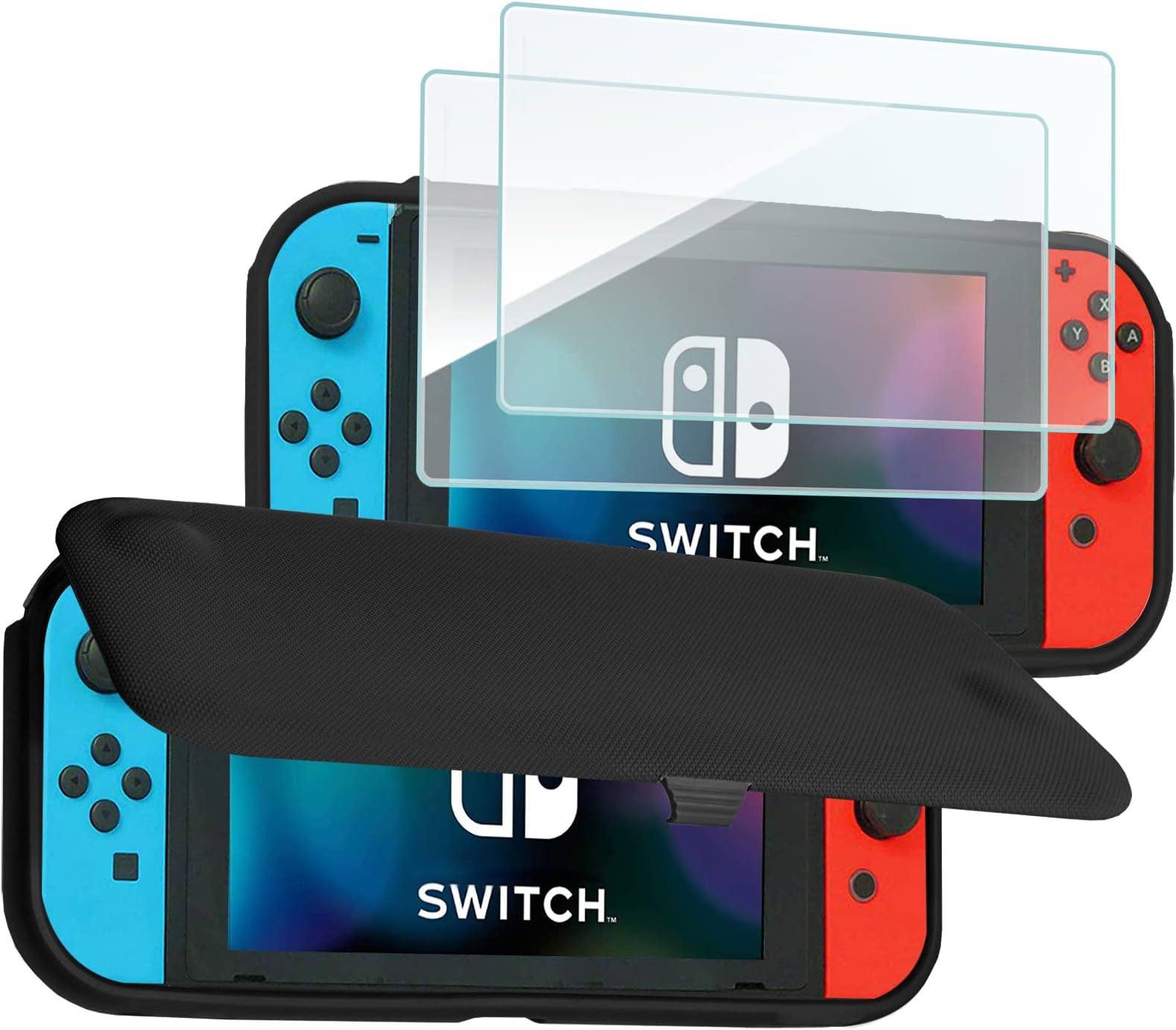 ProCase Flip Cover for Nintendo Switch Case with 2 Pack Tempered Glass Screen Protectors, Detachable Front Cover Protective Case for Nintendo Switch 2017 -Black