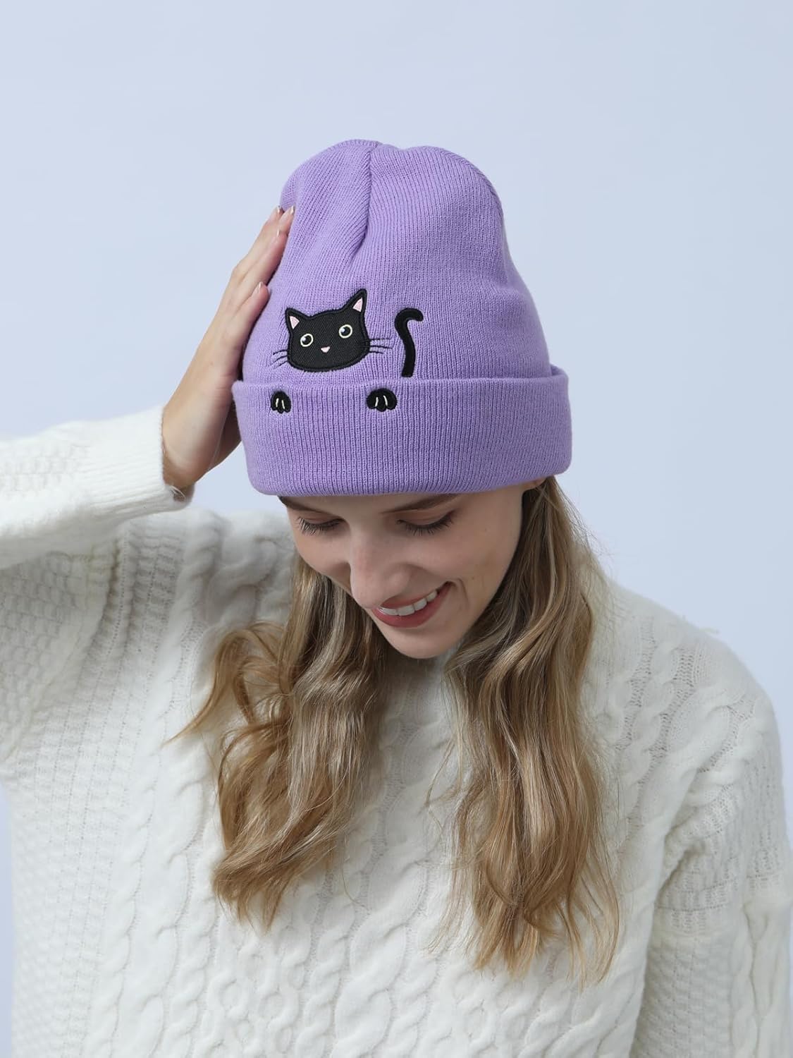 Women’s Cat Beanie Cute Cat Lover Gifts Animal Knitted Hats Christmas Stocking Stuffers for Women Girls - Image 4