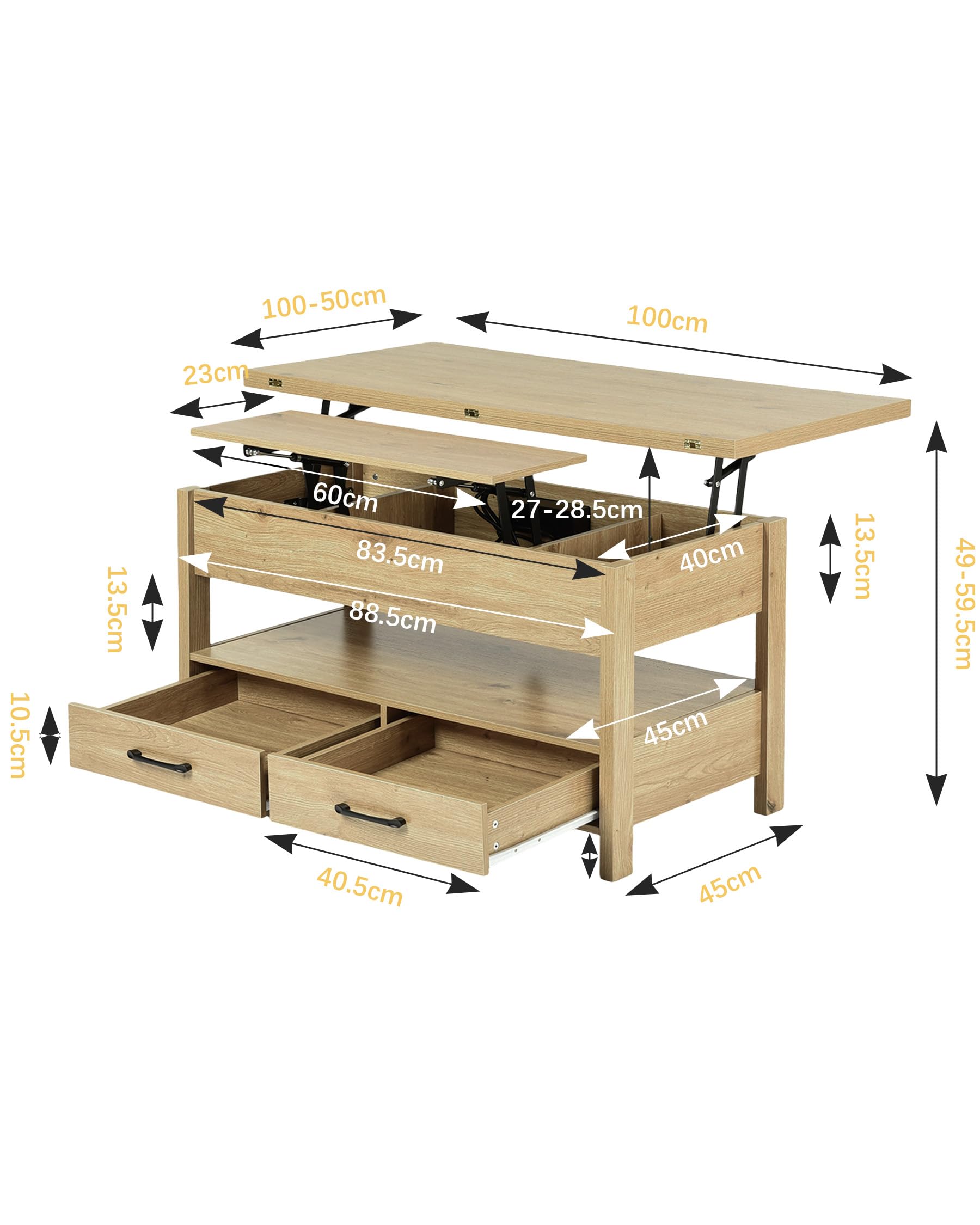 Mesa de Centro Elevable con Almacenamiento Mesa de Centro para Salón Escritorio para Sofá con 2 Puertos USB y Enchufe, Madera