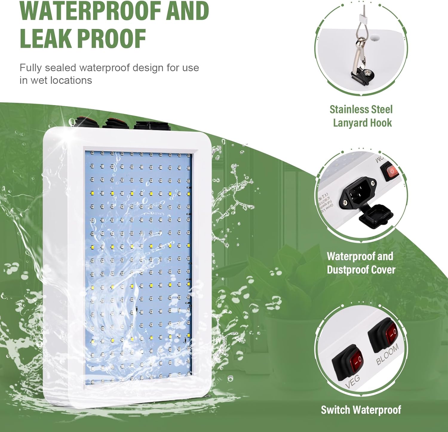Waterproof and dustproof features of OGVDOE BW1000 LED Grow Light.