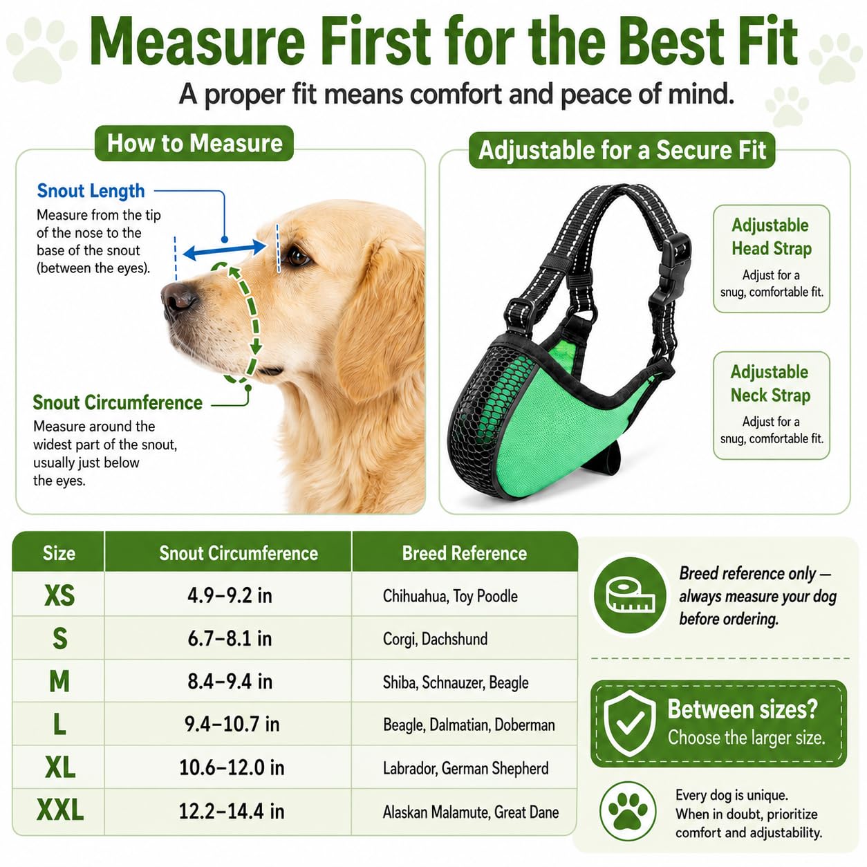 Maulkorb-Set für Hunde, 6 Größen, atmungsaktiv, für kleine, mittelgroße und große Hunde, weiches Nylon mit verstellbaren Riemen, atmungsaktives Netz-Design, verhindert Beißen, Schnitzen, für