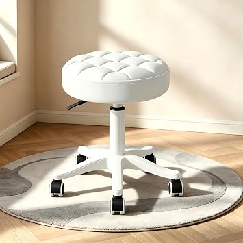 Round Rolling Stool with Wheels Height Adjustable PU Leather Swivel Drafting Work SPA Salon Stools Office Chair Small