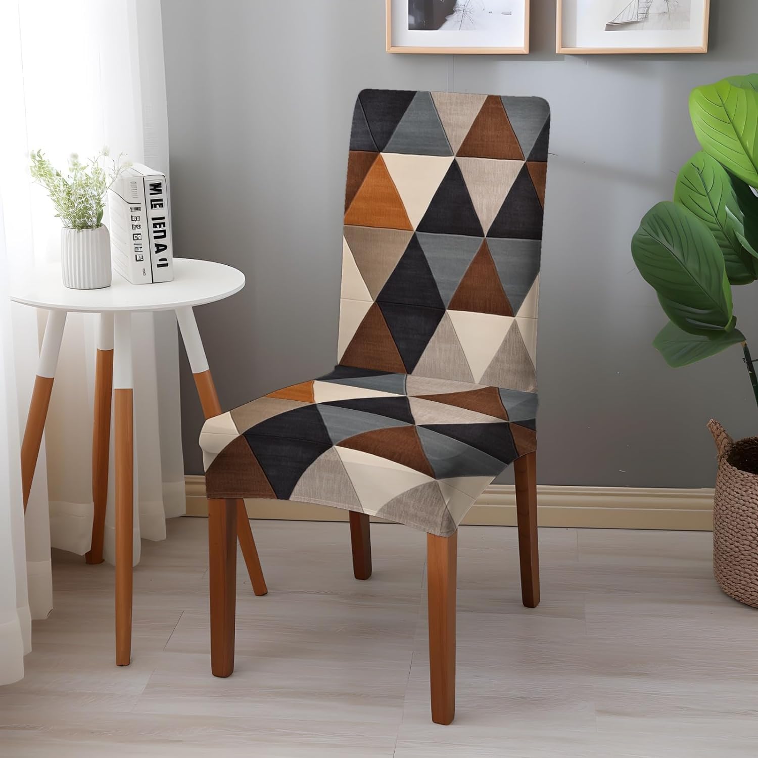 BRIDAยฎ Polyester Spandex Stretchable Floral Geometric Printed Dining Chair Covers Elastic Chair Seat Case Protector, Slipcovers (1 Chair Cover, Navy Grey Geometric)