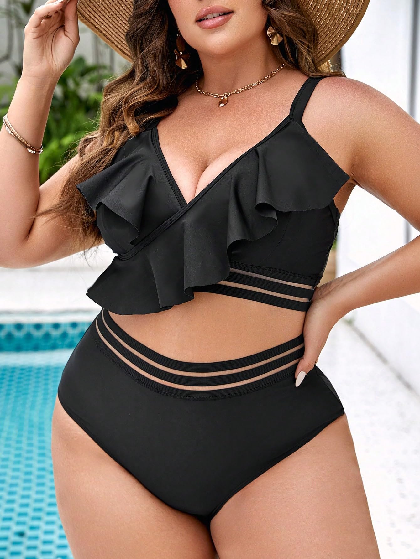 Costume da Bagno Donna Taglie Forti 2 Pezzi Bikini con Volant in Rete Scollo A V E Pantaloncini Sfacciati Nero 0XL(XX-Large Plus)