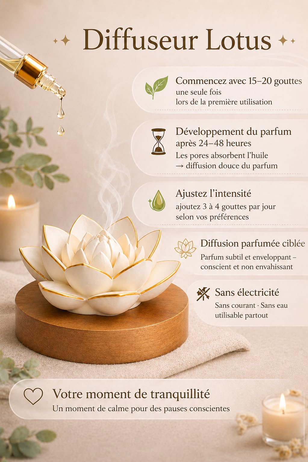 Lotus Diffuseur d'arômes – Pierre parfumée faite à la main en plâtre avec base en bois | Aromathérapie naturelle sans électricité | Comprend une huile parfumée Amber Serenity de 10 ml