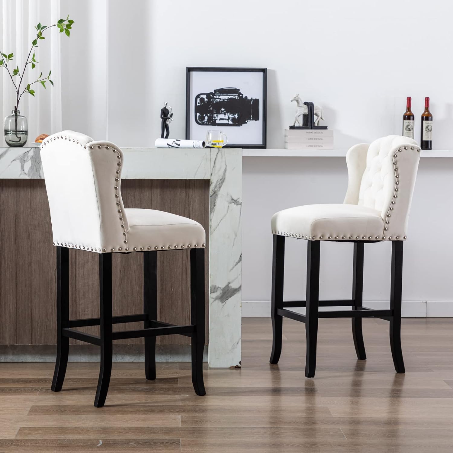 HEAH-YO Modern Bar Stools Set of 2, 30 Inches Counter Height Bar Stools with Backrests, Upholstered Velvet Kitchen Stools with Wood Legs for Island, White