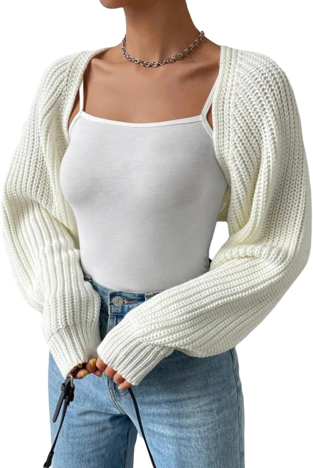 Women's Ribbed Knit Cropped Shrug Sweater Long Sleeve Open Stitch Loose Fit Slight Stretch Bolero Cropped Cardigans