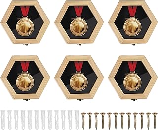 PATIKIL 6個メダル用ディスプレイケース、木製メダル展示写真立て 六角形バッジ壁ハンガー シャドウボックス マラソン・警察バッジ・コイン・アワード・ランナー・スポーツ・スイミング・フットボール受賞者用、茶色