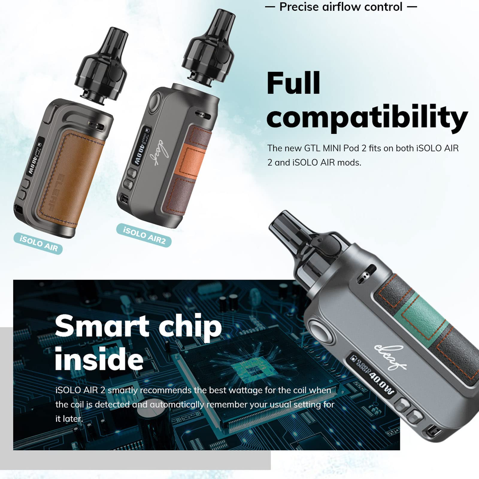 Eleaf iSOLO AIR 2 Kit 40 W Vaper elektronische Zigarette mit 1500 mAh 2 ml GTL MINI Pod 2 wiederaufladbarer Vape mit GTL 0,8 Ohm und 1,2 Ohm Spule USB-C ohne Tabake ohne Nikotin (Schwarz)