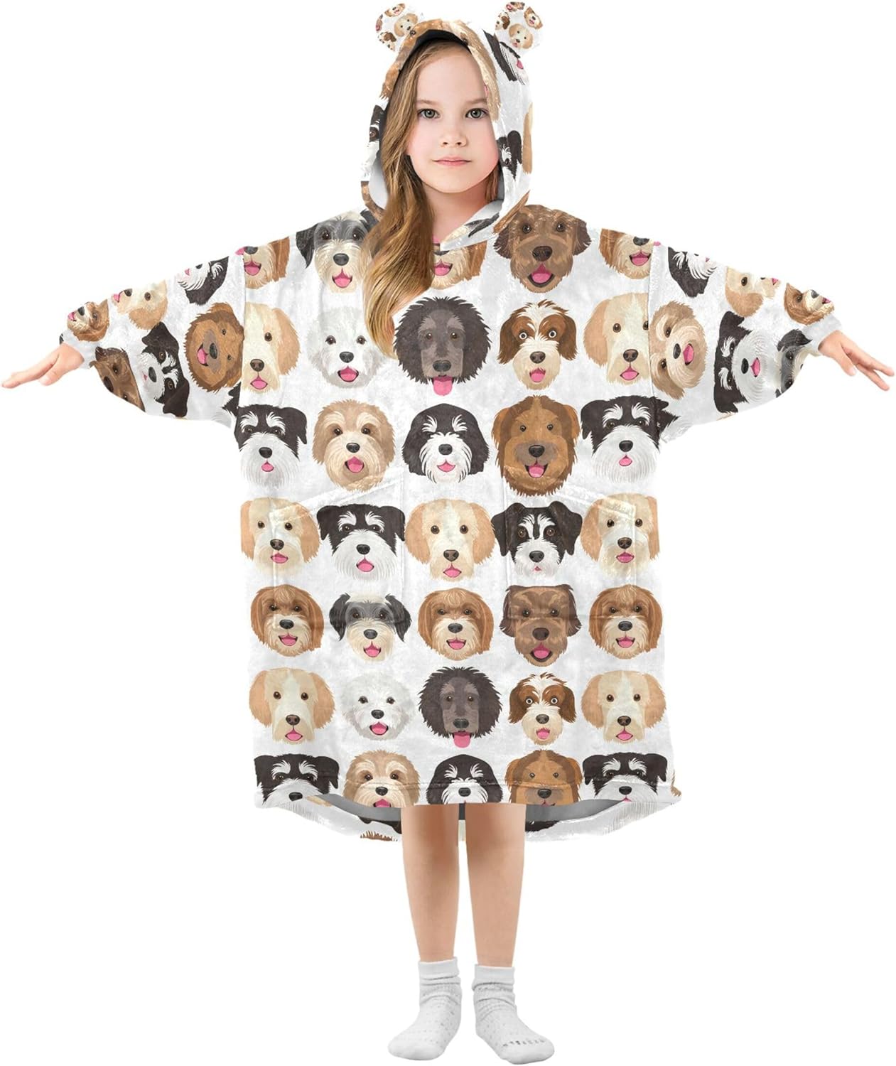 Cute Dog Puppy Pug Kids Wearable Blanket Hoodie with Pocket and Sleeves for Toddlers, Cute Hoodies Girls B0404110