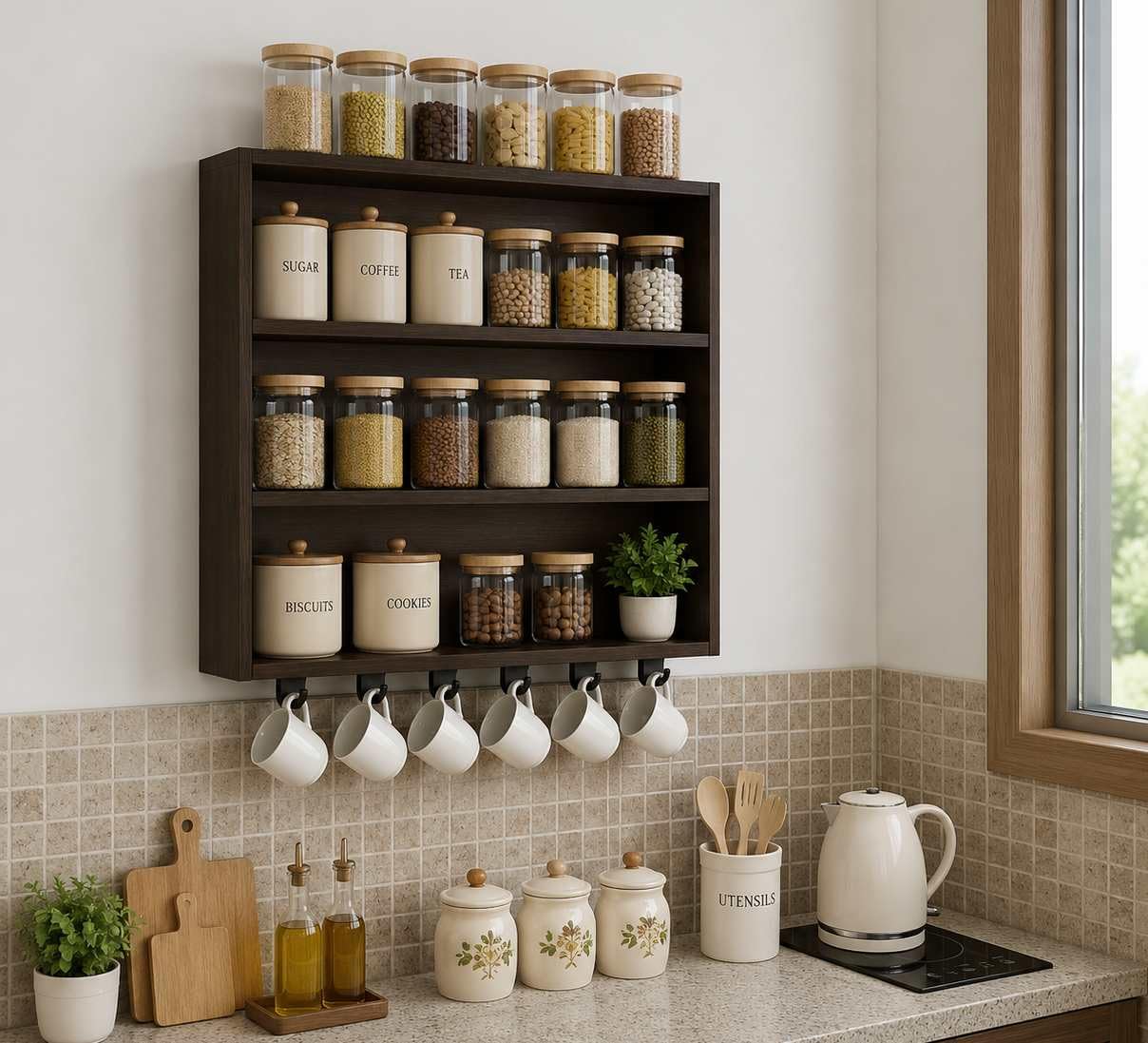 spice rackWooden Kitchen Rack Wall Mounted | Wall Storage Shelf | Wall Mounted Kitchen Organizer Rack Wooden with Hooks |Shelf Storage Rack for Spices, Containers & Utensils-image-34