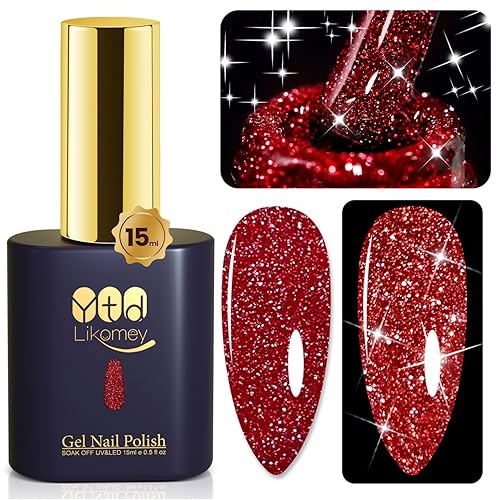 Miniatura 1 de YTD Likomey Esmalte de uñas de gel con purpurina reflectante, 0.5 onzas líquidas, esmalte de gel brillante de diamante rojo, brillante, manicura de