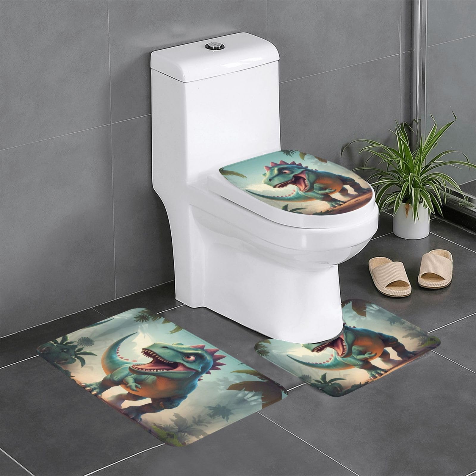 Lot de 3 tapis de salle de bain imprimés dinosaures avec envers antidérapant