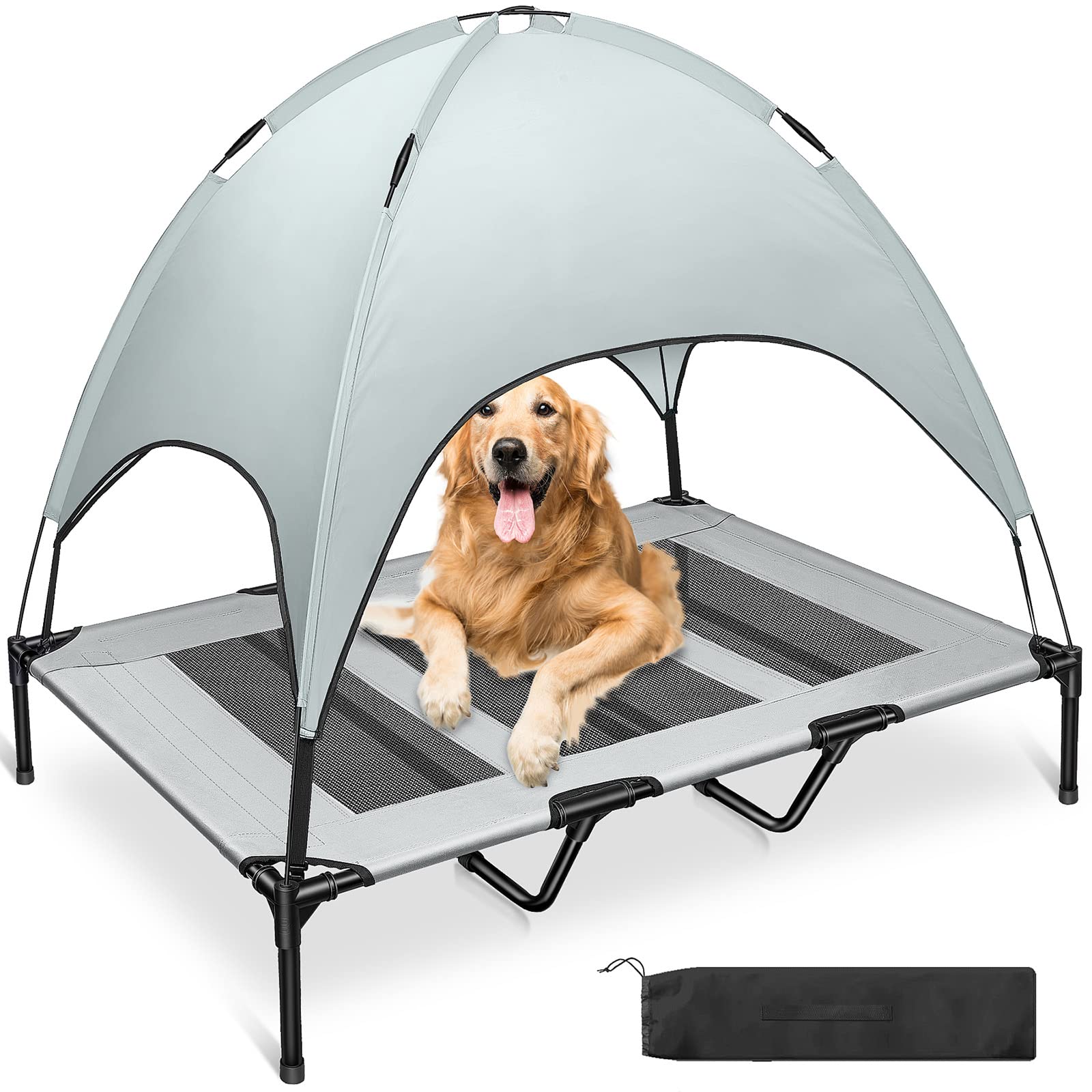 [???? ????????] Elevated Dog Bed with Canopy, Portable Raised Outdoor Dog Bed for XLarge Dogs with Stable Anti-Slip Feet and Carrying Bag for Camping or Beach, Indoor & Outdoor Use- XL
