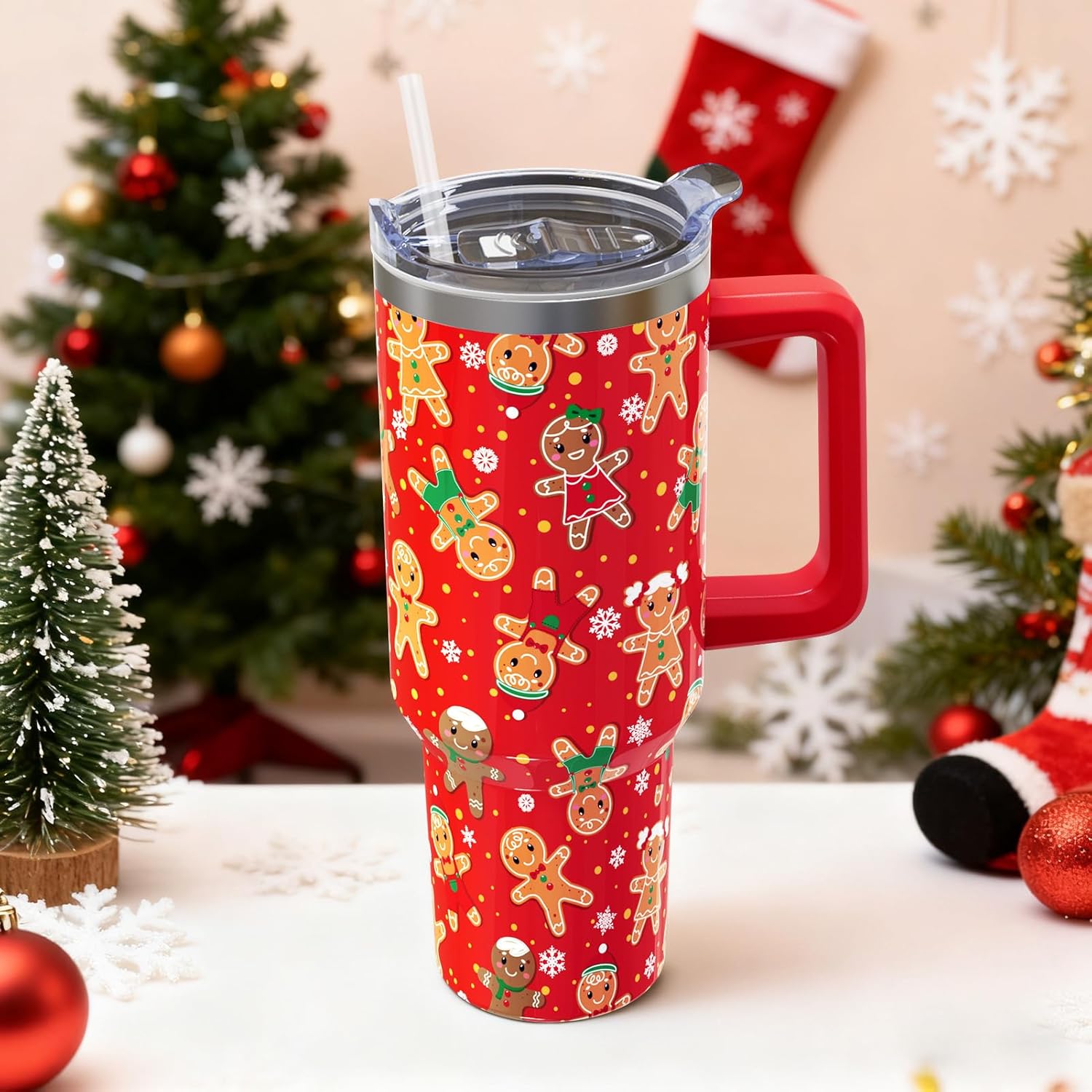 Christmas Gingerbread 40 oz Tumbler with Lid Handle and Straw Merry Christmas Stainless Steel Double Walled Insulated Cup Winter Holiday Xmas Travel Mug Gifts for Men and Women (1PC) - Image 6