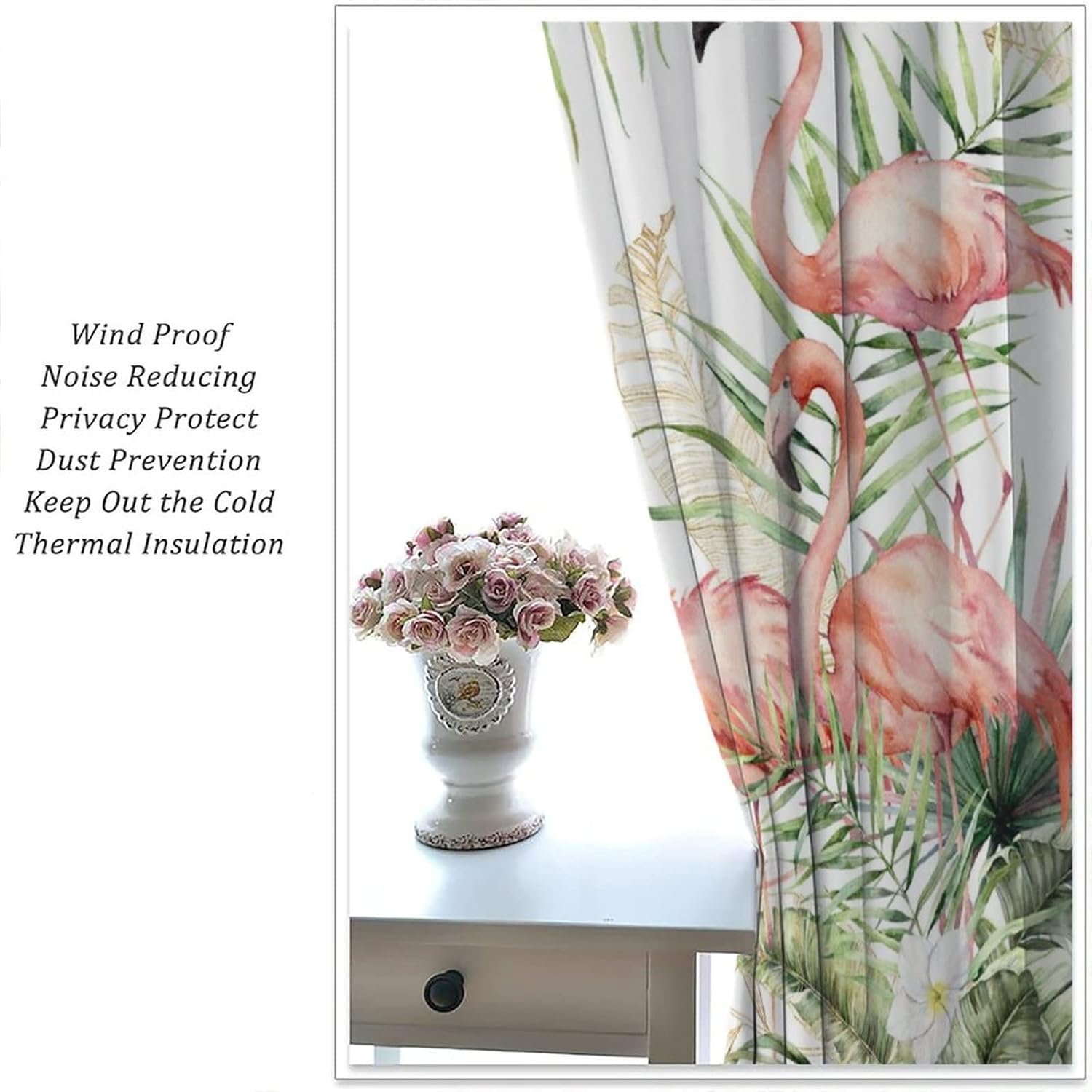 Watercolor Flamingo Rod Pocket Blackout Curtains for Living Room,Thermal Insulated Abstract Tropical Jungle Palm Leaf Pink Beautiful Flamingo Window Drapes,2 Panels 45L x 21W