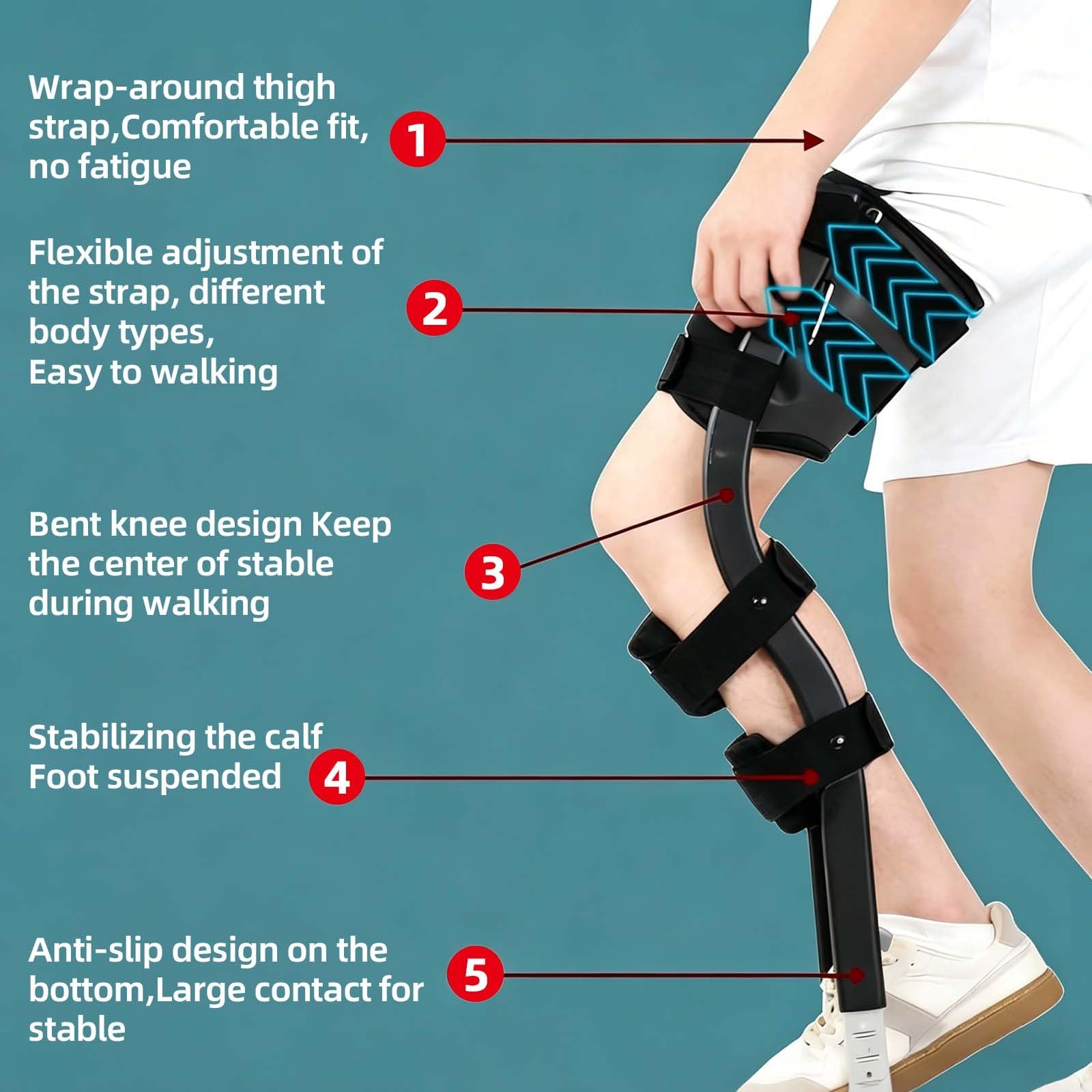 Stampella per ginocchia, design ergonomico a mani libere per il recupero della chirurgia del piede, supporto regolabile, in alluminio leggero, peso massimo 100 kg