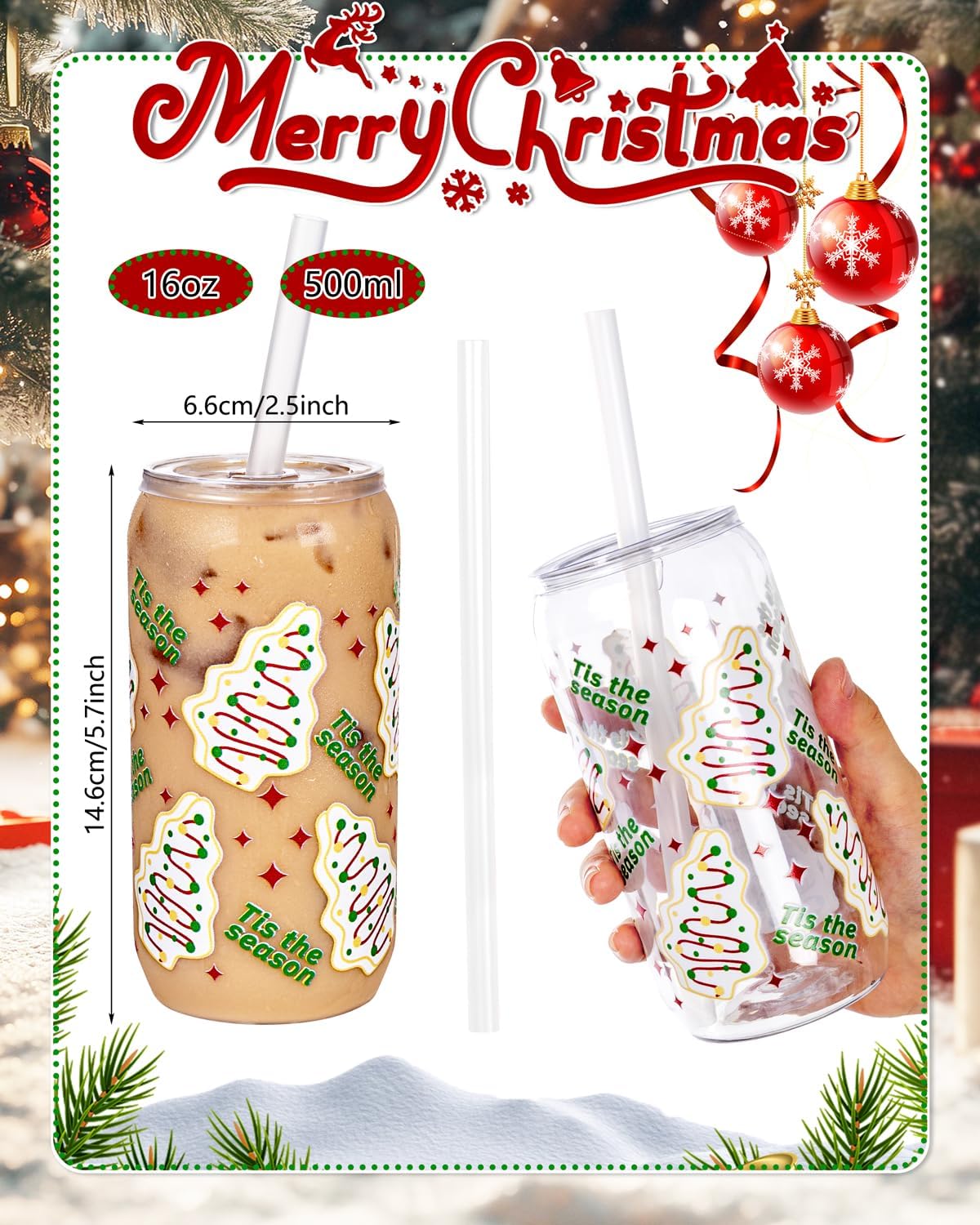 Ciaell 16 Pack Christmas Tree Plastic Cups - 16oz Can Shaped Drinking Glasses with 32PCS Lids and 16PCS Straws for Coffee Cocktail Soda Boba Beer Smoothie Christmas Party Gift - Image 5