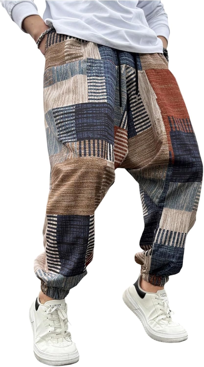 BEAUDRM Men's Color Block Patchwork Baggy Harem Pants Drawstring Elastic Waist Hippie Pants with Pockets Streetwear