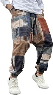 BEAUDRM Men's Color Block Patchwork Baggy Harem Hippie Pants with Pockets - Elastic Waist Drawstring Streetwear