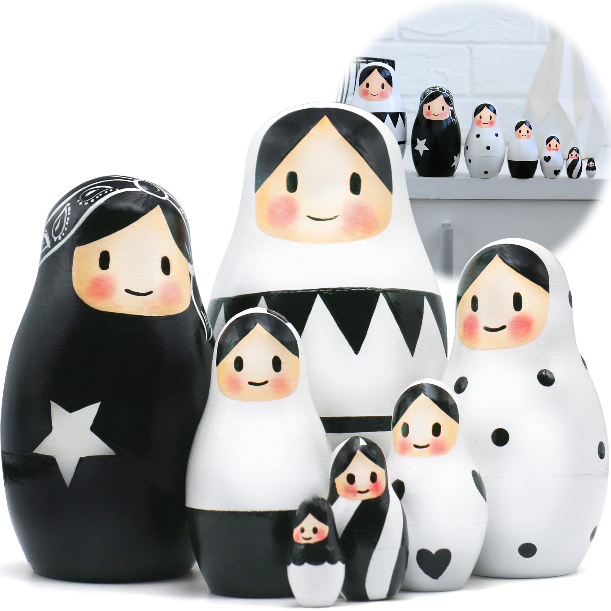 AEVVV Black and White Wooden Nesting Dolls Set of 7 pcs - Russian Matryoshka for Black and White Decor - Black and White Decorations