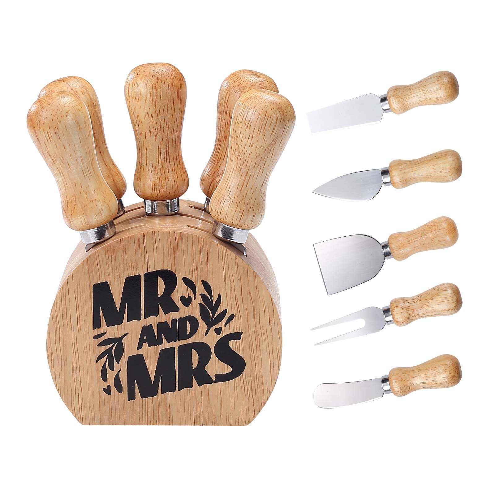 Qinwindeer Cheese Knife Set with Wooden Holder,Cheese Spreader Knives Set of 5 for Charcuterie Board,Charcuterie Boards Accessories Charcuterie Utensils Tools Git Box (Mr Mrs)