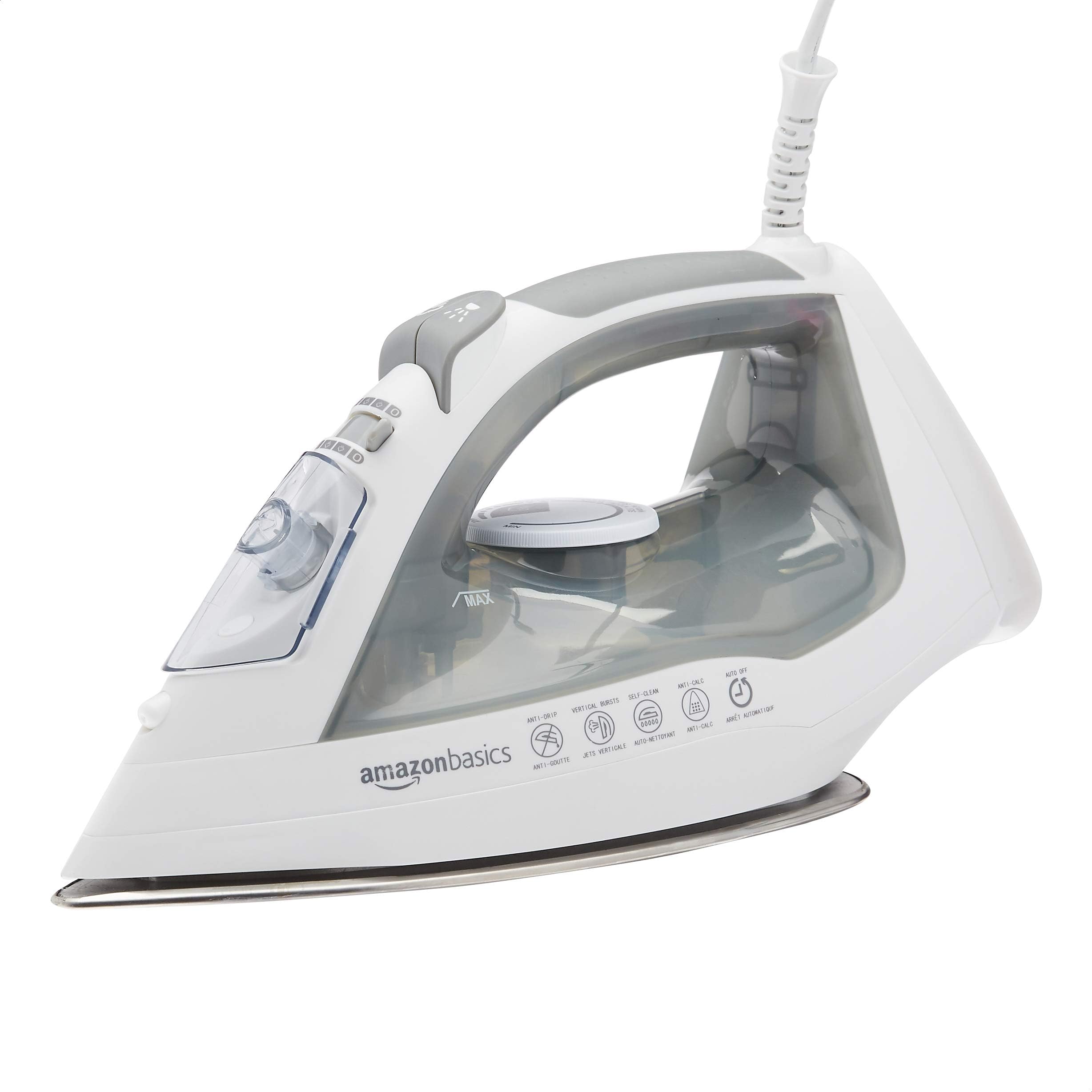 Amazon Basics Steam Iron for Clothes with Safety Auto Shut-Off, Handheld Garment Steamer, Wrinkle Remover, Stainless Steel Soleplate, Anti-Drip, 1700-Watt, 1.62ft, Gray