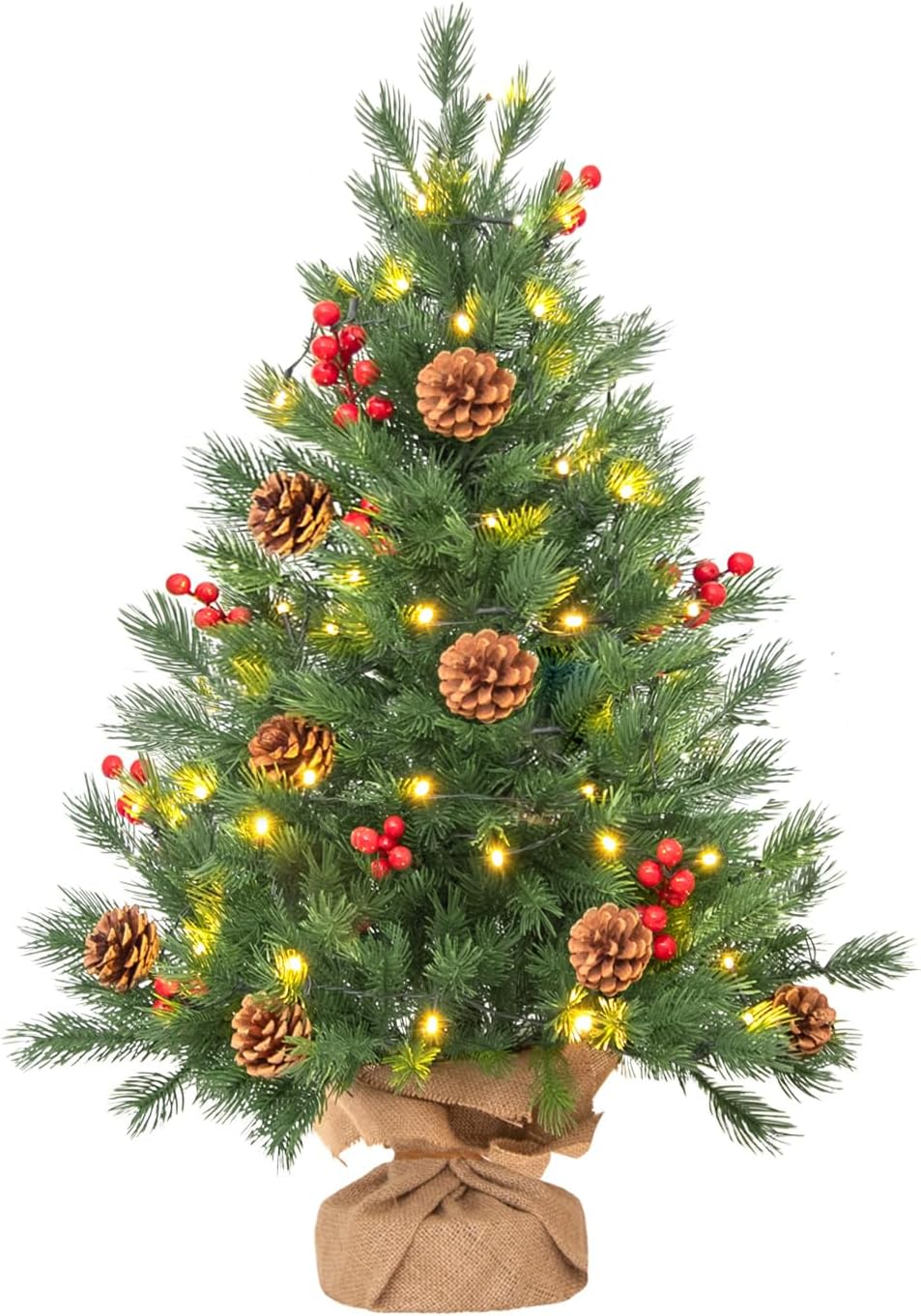 2 Pack 24 in Realistic Feel Thick Prelit Artificial Christmas Tree Tabletop Decorations Timer Battery Operated Pine Cones Red Berries Christmas Indoor Home Decoration