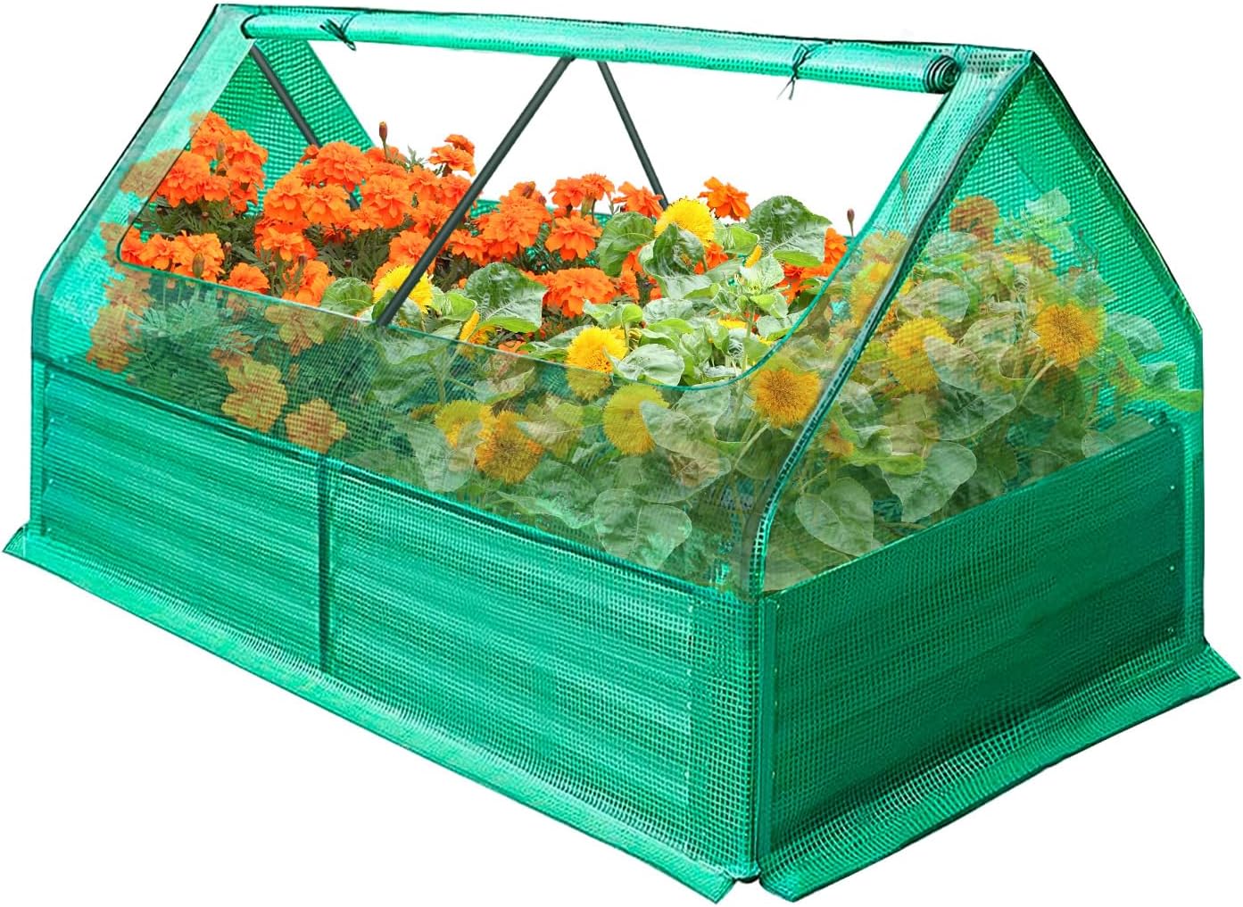 3 in 1 Galvanized Raised Garden Bed with Cover, High Strength Planter Box(Metal) Kit, Open-Ended Base & 2 Large Zipper Breathable Windows, Mini Greenhouse for Multi-Weather Use, Green (4X3X1 Ft)