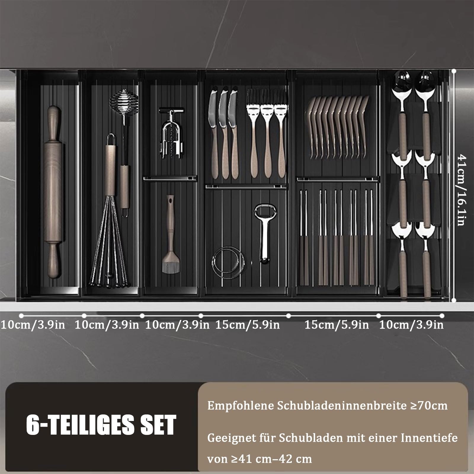 Verstellbarer Besteckkasten für Schubladen – Integrierter Besteckorganizer aus Aluminium, schwarzer, wasserdichter Utensilieneinsatz für die Küche – Fächer zur Aufbewahrung von Löffeln, Gabe