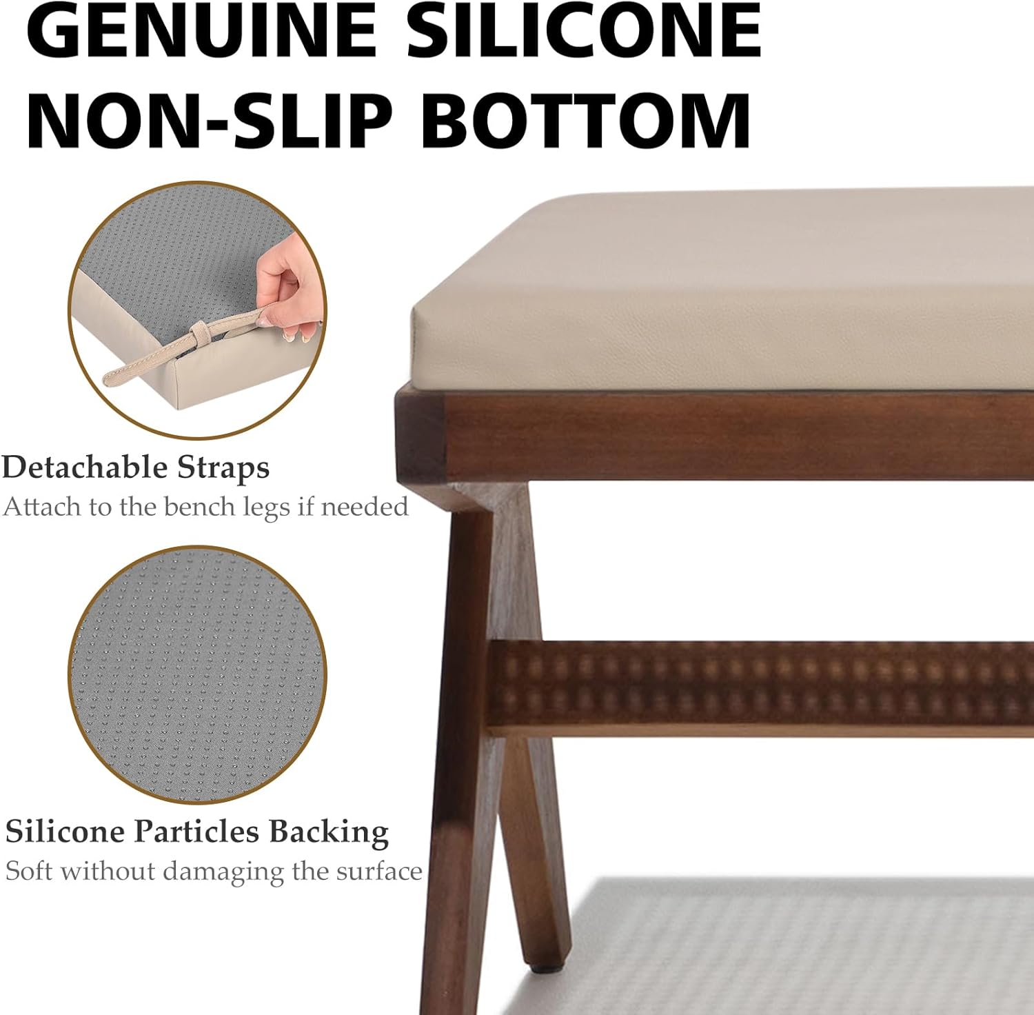 Shinnwa Waterproof Bench Cushion with Ties for Indoor Furniture, Dual-Layer Memory Foam Bench Seat Cushion with Faux Leather Cover and Non-Slip Bottom, 36 x 15 x 2”, Light Camel