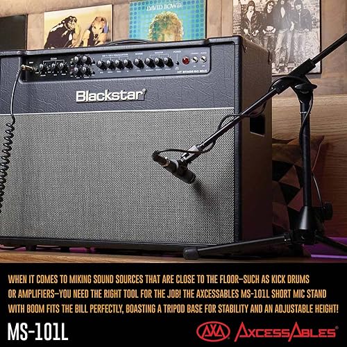 Miniatura 7 de AxcessAbles - Soporte corto para micrófono con brazo de pluma  Soporte de trípode de micrófono de perfil bajo para tambores  Soporte de amplificador