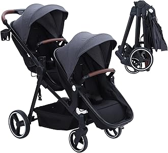 Double Stroller for Infants and Toddlers, Foldable Tandem Stroller, Reversible Pushchair Bassinet Pram with Large Storage Basket, Adjustable Backrest & Canopy, Dark Grey