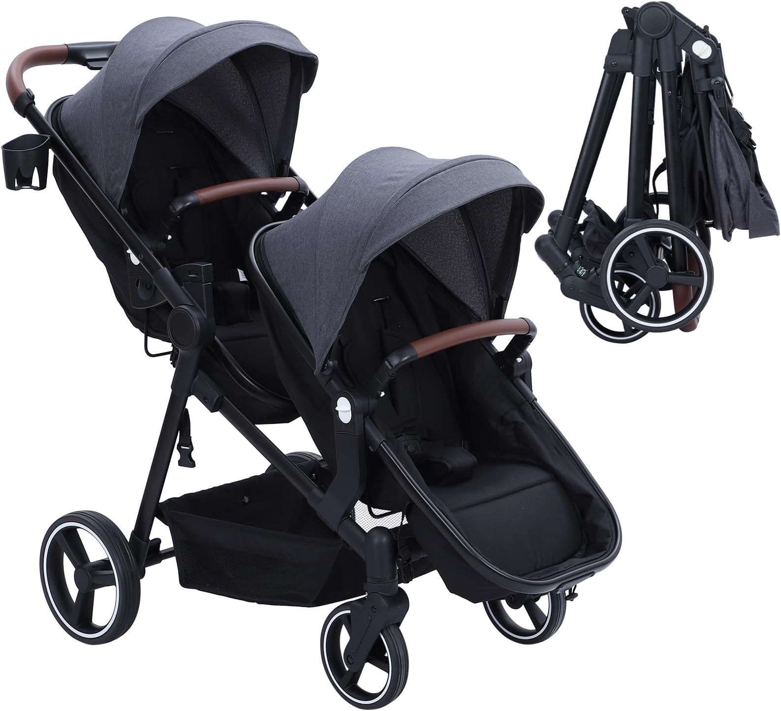 Double Stroller for Infants and Toddlers, Foldable Tandem Stroller, Reversible Pushchair Bassinet Pram with Large Storage Basket, Adjustable Backrest & Canopy, Dark Grey