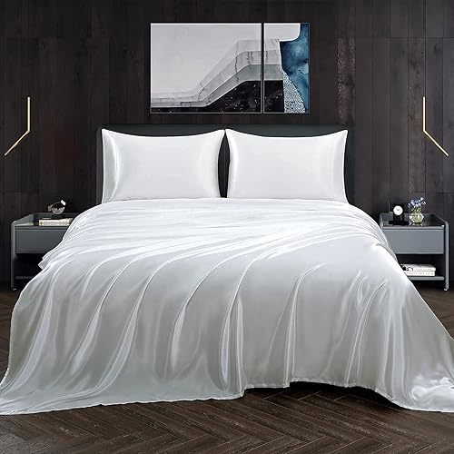Juego de sábanas de seda de morera de 4 piezas, 30 momme Pure bolsillos profundos de 15 pulgadas, auténticas, sábanas de seda suave, transpirables,