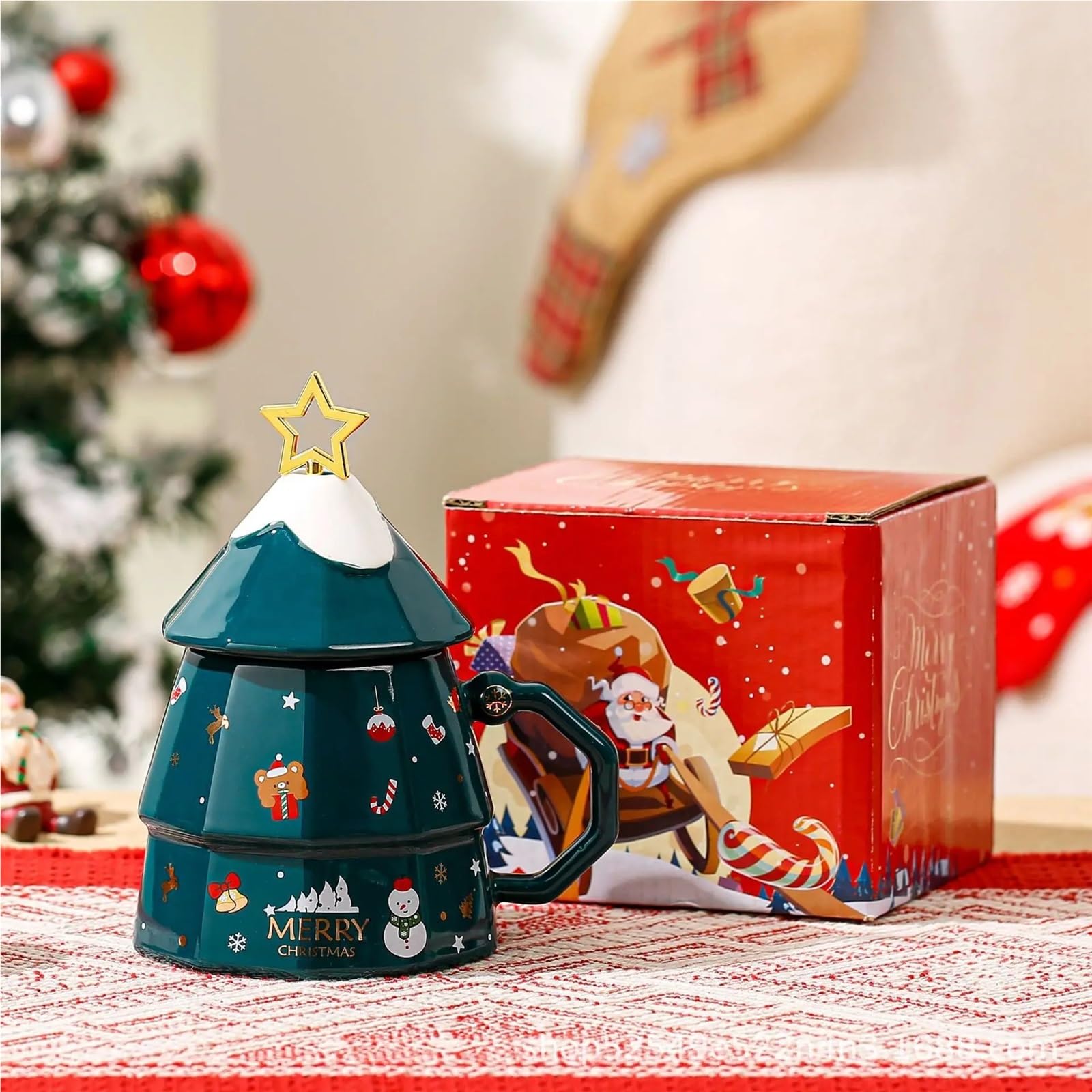 Taza de Navidad de 350ml, taza de café de alta capacidad con cuchara, decoración de ciervos, tapa for taza, desayuno de cerámica de dibujos animados, 2 uds. Para Boda