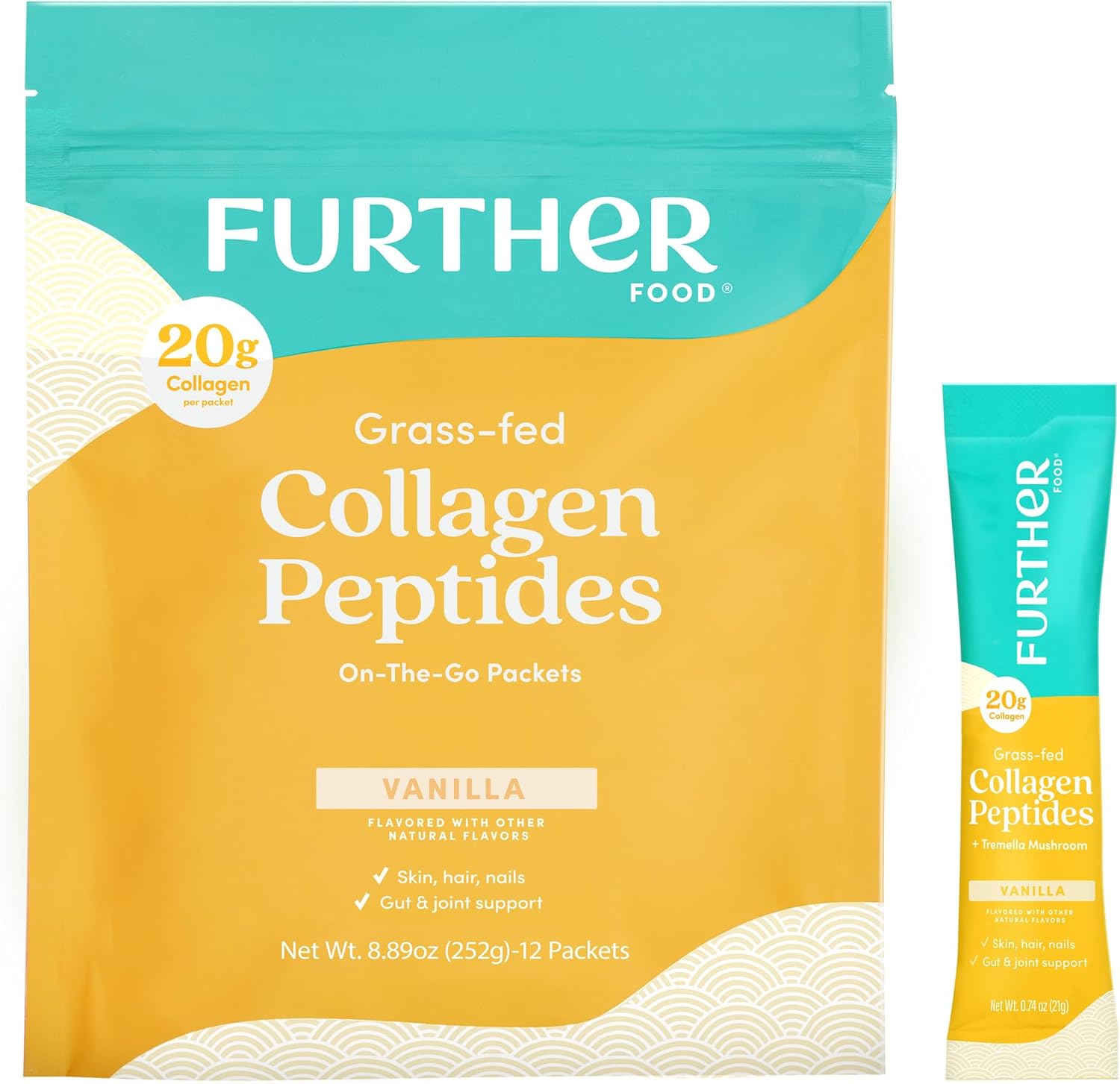 Further Food Vanilla Collagen Peptides Powder with Tremella Mushroom – 100% Grass-Fed, Hydrolyzed Type 1 & 3, 20g of Collagen per Serving, Supports Skin, Hair, Nails & Joints, Stick Packs, 8.89 Oz