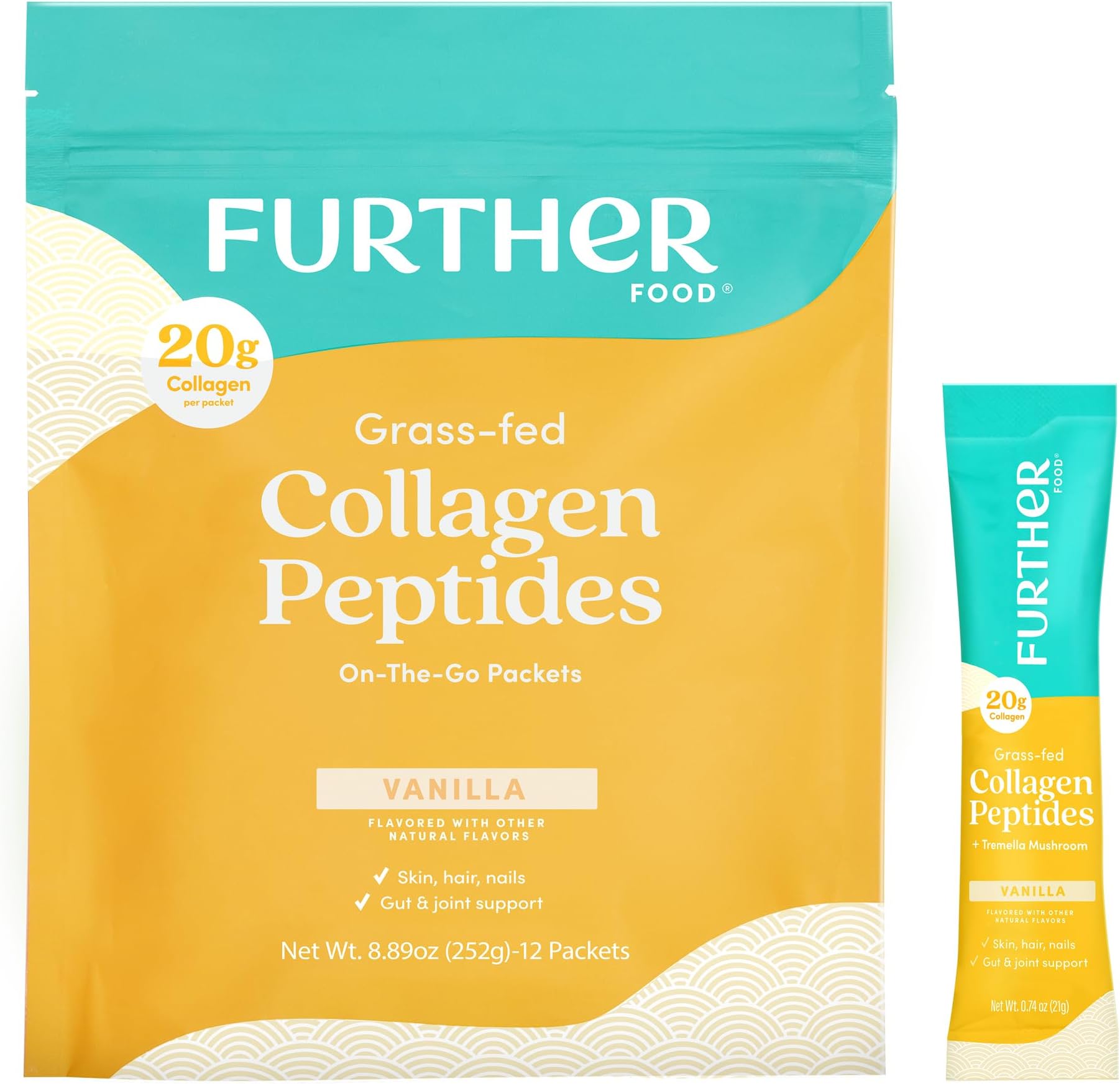 Vanilla Collagen Peptides Powder with Tremella Mushroom – 100% Grass-Fed, Hydrolyzed Type 1 & 3, 20g of Collagen per Serving, Supports Skin, Hair, Nails & Joints, Stick Packs, 8.89 Oz