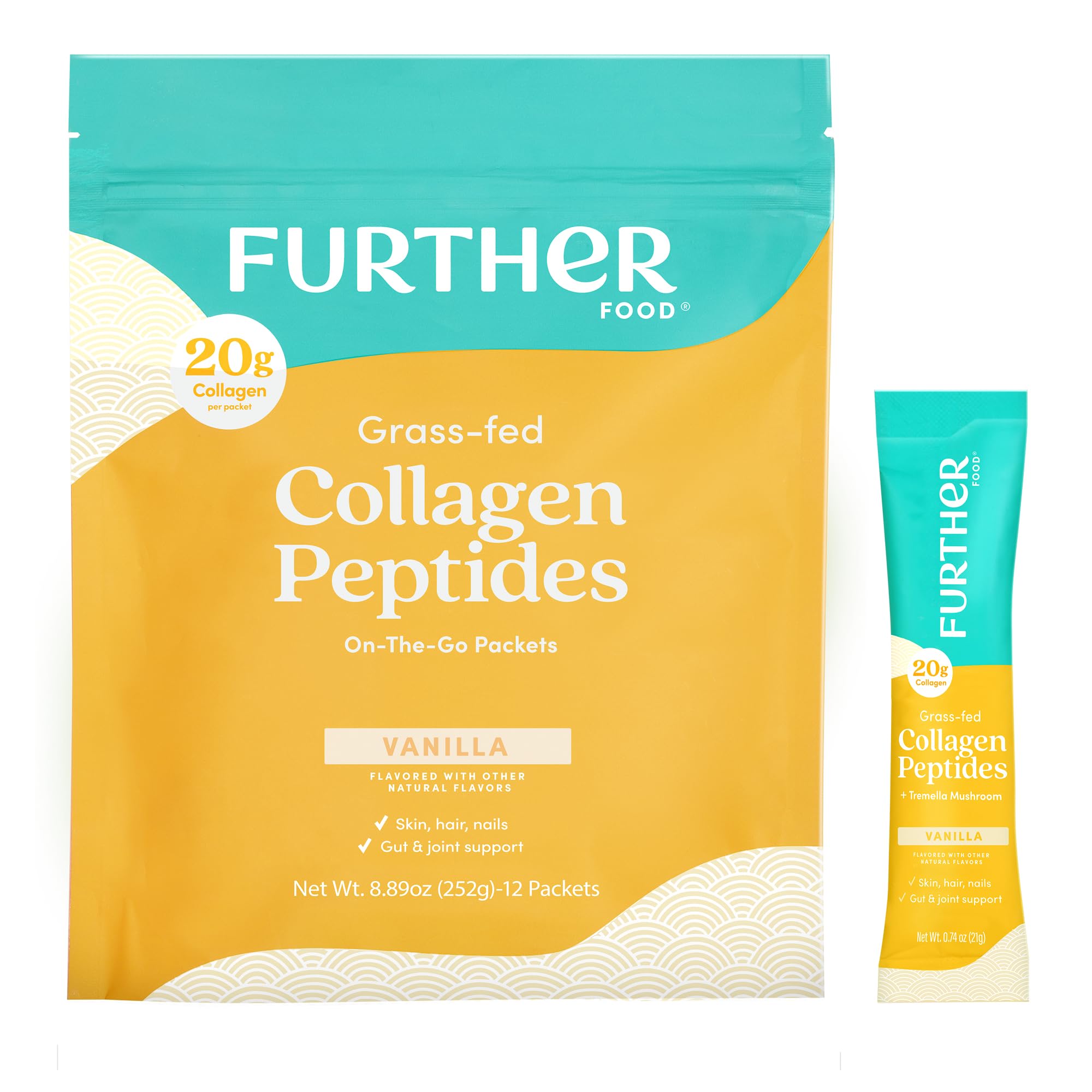 Further Food Vanilla Collagen Peptides Powder with Tremella Mushroom – 100% Grass-Fed, Hydrolyzed Type 1 & 3, 20g of Collagen per Serving, Supports Skin, Hair, Nails & Joints, Stick Packs, 8.89 Oz