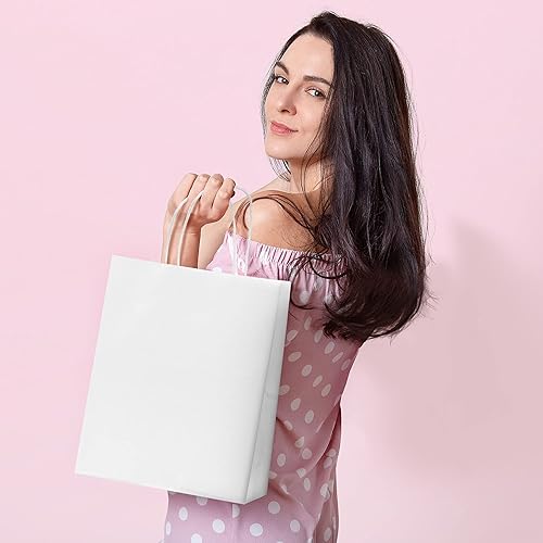 Miniatura 3 de Prime Line Packaging Paquete de 100 bolsas de compras medianas blancas con asas, bolsas de manualidades desechables para pequeñas empresas, venta al