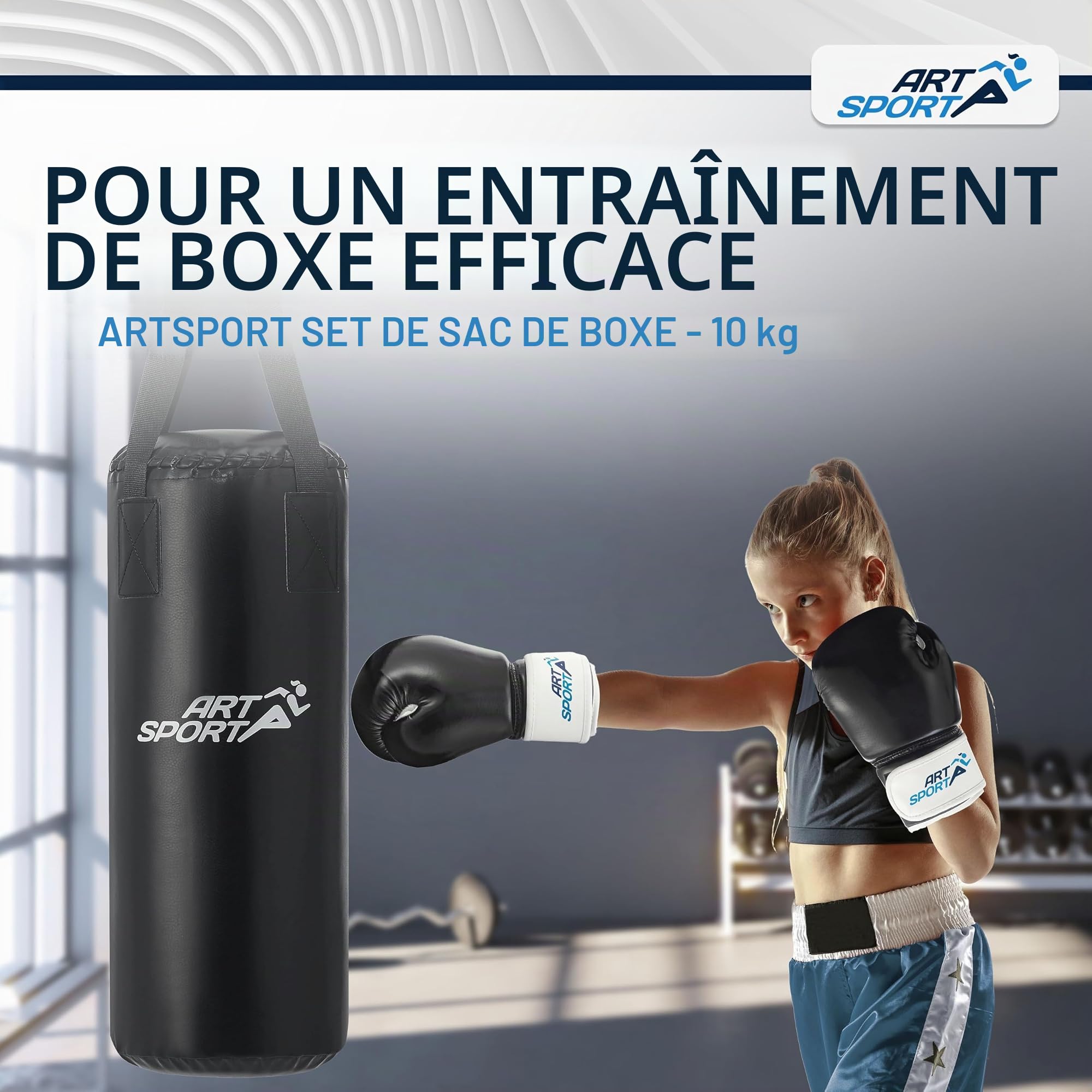 ArtSport Sac de Frappe Enfant avec Gants remplis et Suspendus, Ensemble Punching Ball 10 kg avec Bandages et Support Plafond - Dès 6 Ans - Ensemble de Boxe Sac de Boxe Kickboxing
