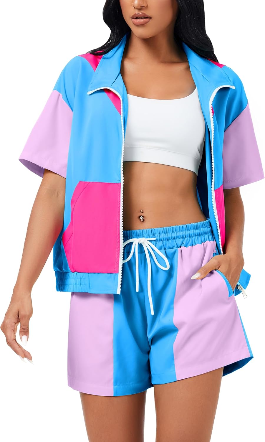 ZDT Women's Color Block 80s 90s Outfit 2 Piece Short Sleeve Costume Zip Up Windbreaker Track Suits Set