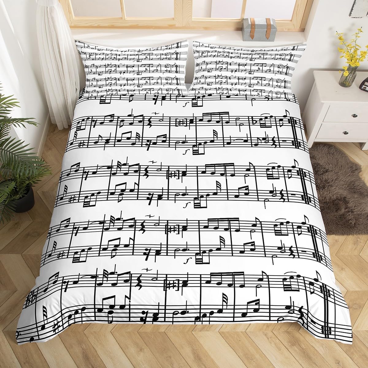 Feelyou Music Bedding Set Full Size Boys Girls Musical Note Duvet Cover for Kids Women Men Ultra Soft Music Lover Comforter Cover Set Black White Bedspread Cover Room Decor Bedclothes Zipper