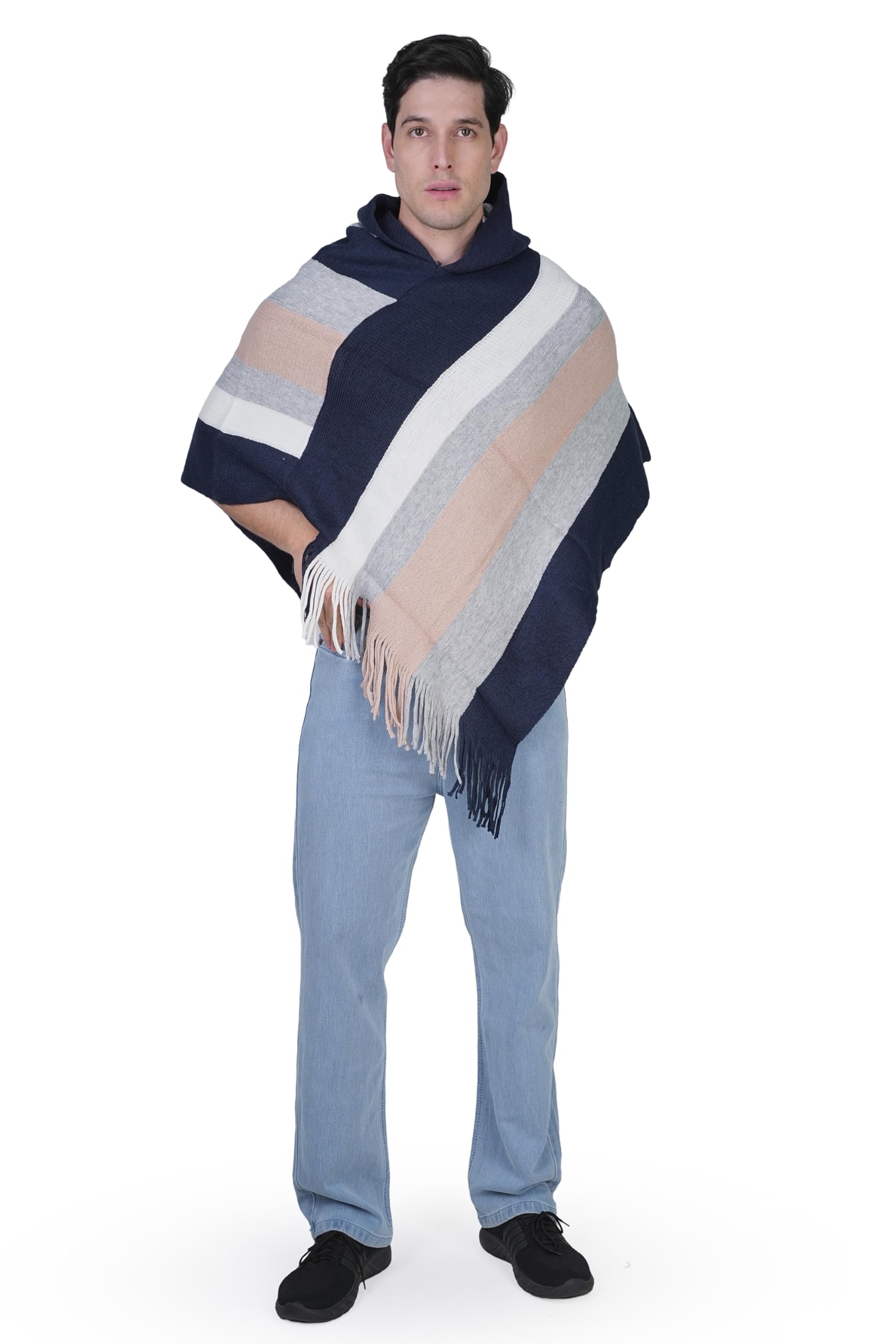 manra Men's Knitted Poncho with Cap Multi-Striped Patterns, Fringed Sides, for Winter (L, Pink)-picture-51