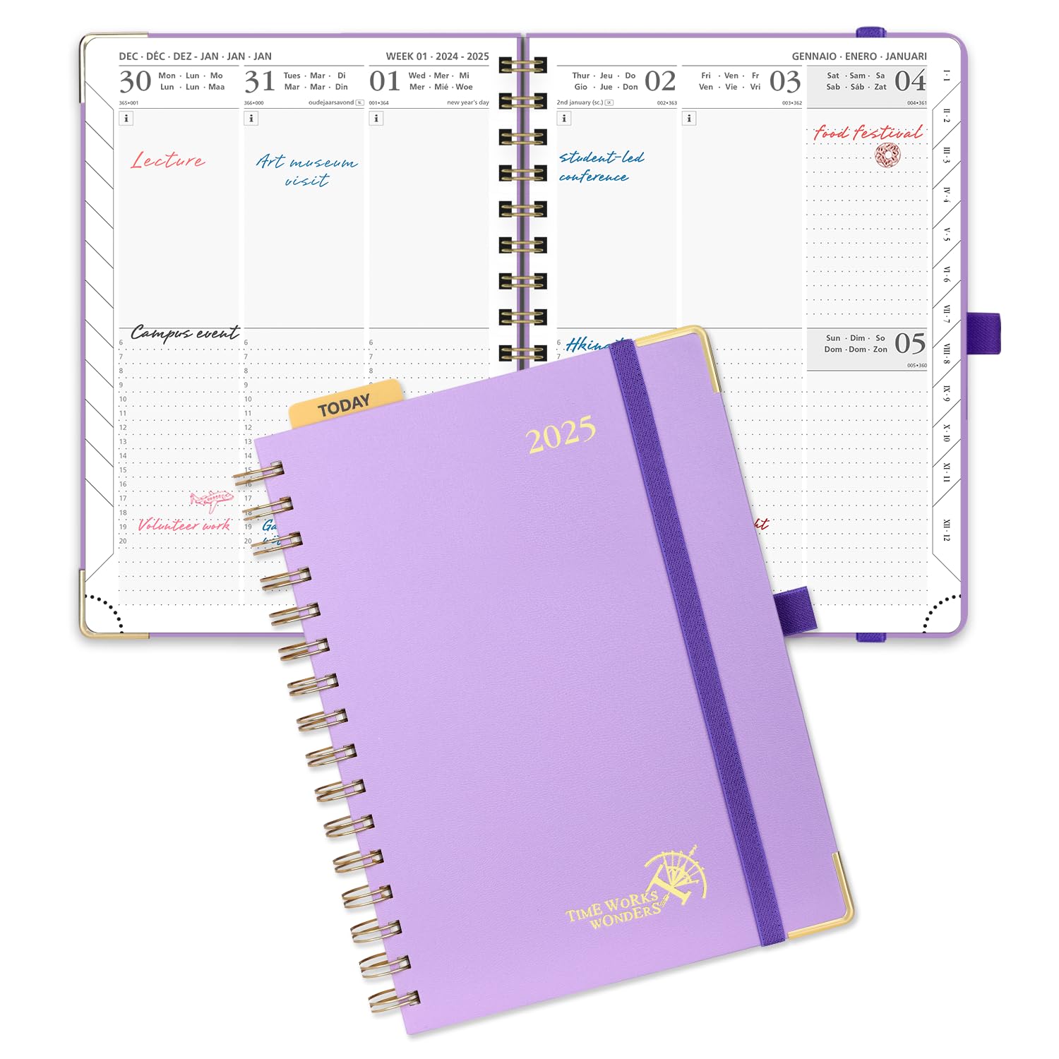 POPRUN Agenda 2025 Semana Vista Espiral Medio 21,5 x 16 cm, Tapa Dura en Planificador Semana Vista 12 Meses de Ene 2025 a Dic 2025, Regla de Plástico, 100 GSM Papel, Violet Claro