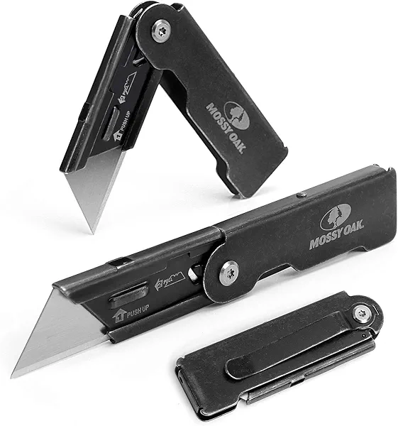 MOSSY OAK 2-pack Folding Pocket Utility Knife Set, Quick Change Box Cutter with Frame Lock, EDC Foldable Razor Knife with Belt Clip, Stone Washed