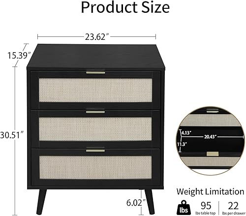 Miniatura 9 de Mesita de noche de ratán con 2 cajones, mesa auxiliar de madera de ratán tejido, mesa auxiliar rústica con almacenamiento, para sala de estar y