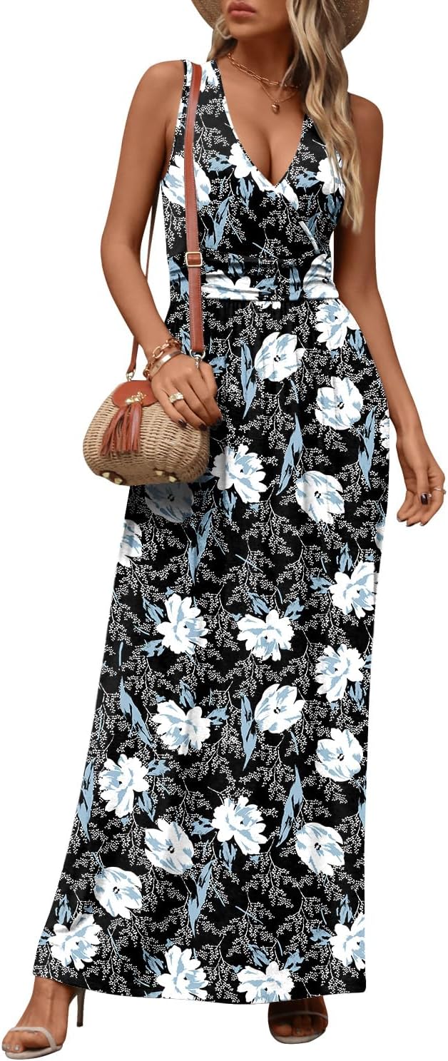 CATHY Women's Casual Sleeveless Deep V Neck Beach Waist Maxi Dresses with Pockets