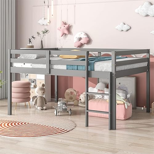Miniatura 3 de Cama alta de tamaño matrimonial para niños y niñas, cama alta de madera con barandilla de seguridad y escalera, marco de cama baja, no necesita