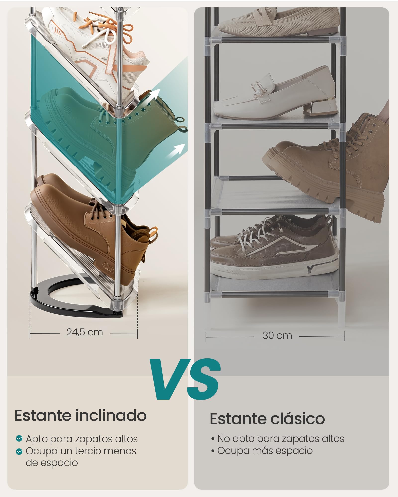 SONGMICS Zapateros, 5 Niveles, Juego de 2, Organizador de Zapatos de Plástico, 24,5 x 28,4 x 102,5 cm, Modular, para Entrada, Pasillo o Vestidor, Gris LPC050GZ01